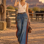 Casual Retro Faded Red And Blue Workwear Jeans