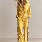 Retro Cozy Snake Print Panel Hooded Zip-Up Fleece Drawstring Wide Leg Jumpsuit