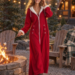 Cozy Retro Red Sherpa Trim Hooded Zip-Up Fleece Hoodie Maxi Dress