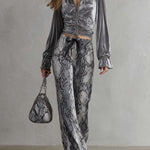 Vintage Glam Velvet Balloon Sleeve Top Snakeskin Wide Leg Two Piece Set