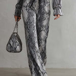 Vintage Glam Velvet Balloon Sleeve Top Snakeskin Wide Leg Two Piece Set