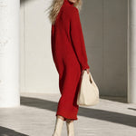 Fashionable Retro Gold Button Half-zip Red Knit Midi Dress
