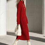 Fashionable Retro Gold Button Half-zip Red Knit Midi Dress