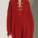 Fashionable Retro Gold Button Half-zip Red Knit Midi Dress