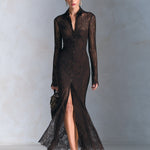 Women's Chocolate Brown Sheer Lace Long Sleeve Button-Front Maxi Dress
