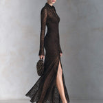 Women's Chocolate Brown Sheer Lace Long Sleeve Button-Front Maxi Dress