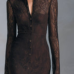 Women's Chocolate Brown Sheer Lace Long Sleeve Button-Front Maxi Dress