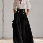 Women's Fashion White Long-Sleeved Shirt And Black High-Waisted Wide-Leg Pants Set