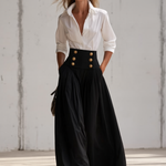 Women's Fashion White Long-Sleeved Shirt And Black High-Waisted Wide-Leg Pants Set