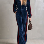Casual Retro Color-blocked Faux Fur Collar And Leopard Print Trim Blue Velvet Jumpsuit