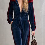 Casual Retro Color-blocked Faux Fur Collar And Leopard Print Trim Blue Velvet Jumpsuit