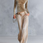 Women's Leopard Print Velvet Turtleneck Top & Champagne Metallic Wide-Leg Pants Two-Piece Set