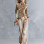 Women's Leopard Print Velvet Turtleneck Top & Champagne Metallic Wide-Leg Pants Two-Piece Set