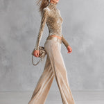 Women's Leopard Print Velvet Turtleneck Top & Champagne Metallic Wide-Leg Pants Two-Piece Set