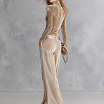 Women's Leopard Print Velvet Turtleneck Top & Champagne Metallic Wide-Leg Pants Two-Piece Set