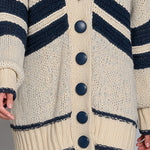 Navy Herringbone-Stripe Oversized Chunky-Knit Hooded Cardigan