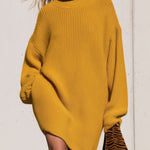 Oversized Turtleneck Mustard Yellow Knitted Long-sleeved Mini Dress