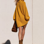 Oversized Turtleneck Mustard Yellow Knitted Long-sleeved Mini Dress
