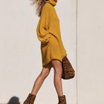 Oversized Turtleneck Mustard Yellow Knitted Long-sleeved Mini Dress