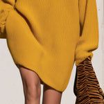 Oversized Turtleneck Mustard Yellow Knitted Long-sleeved Mini Dress