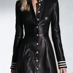 Stylish Urban Striped trim Metal buckle Black PU Mini Dress