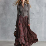 Retro Ribbed Knit Bodice Plaid Collared Maxi Dress