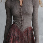 Retro Ribbed Knit Bodice Plaid Collared Maxi Dress