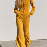 Women's Zipper Button Mustard Yellow Fleece Wide-Leg Jumpsuit
