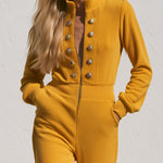 Women's Zipper Button Mustard Yellow Fleece Wide-Leg Jumpsuit
