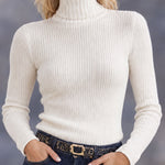 Women's White Ribbed Knit Turtleneck Slim-fit Long-sleeved Sweater