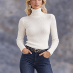 Women's White Ribbed Knit Turtleneck Slim-fit Long-sleeved Sweater