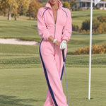Retro Casual Color-blocked Trim Pink Fleece Stand-up Collar Zip-up Jumpsuit