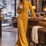 Women's Zipper Button Mustard Yellow Fleece Wide-Leg Jumpsuit