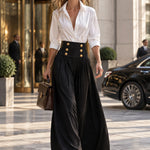 Women's Fashion White Long-Sleeved Shirt And Black High-Waisted Wide-Leg Pants Set
