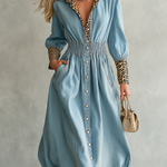 Glam Western Leopard Trim Denim Button Front Midi Dress
