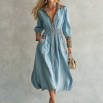 Glam Western Leopard Trim Denim Button Front Midi Dress