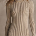 Minimalist Oatmeal Ribbed Knit Slit Maxi Dress
