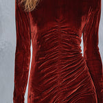 Elegant Tulle Hem Rust-Red Pleated Velvet Maxi Dress