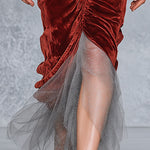 Elegant Tulle Hem Rust-Red Pleated Velvet Maxi Dress