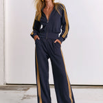 Women's Gold Striped Purple-Blue Sports Jacket And Wide-Leg Pants Set
