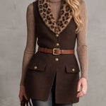 Stylish Retro Belted Leopard Print Faux Fur Collar Brown Wool Blend Vest