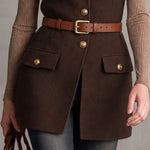 Stylish Retro Belted Leopard Print Faux Fur Collar Brown Wool Blend Vest