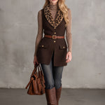 Stylish Retro Belted Leopard Print Faux Fur Collar Brown Wool Blend Vest