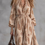 Stylish Retro Brown Ruffled V-Neck Paisley Velvet Print Maxi Dress