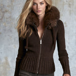Stylish And Casual Brown Faux Fur Collar Knit Cardigan