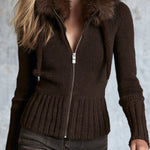 Stylish And Casual Brown Faux Fur Collar Knit Cardigan