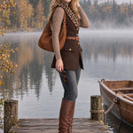Stylish Retro Belted Leopard Print Faux Fur Collar Brown Wool Blend Vest