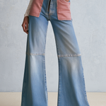 Retro Patchwork Pink Pocket High Waist Zip Fly Flare Jeans
