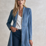 Elegant Chic Pearl Trim Open Front Longline Denim Duster Jacket