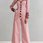 Retro Romantic Pink Sweetheart Neck Button Front Wide Leg Denim Jumpsuit